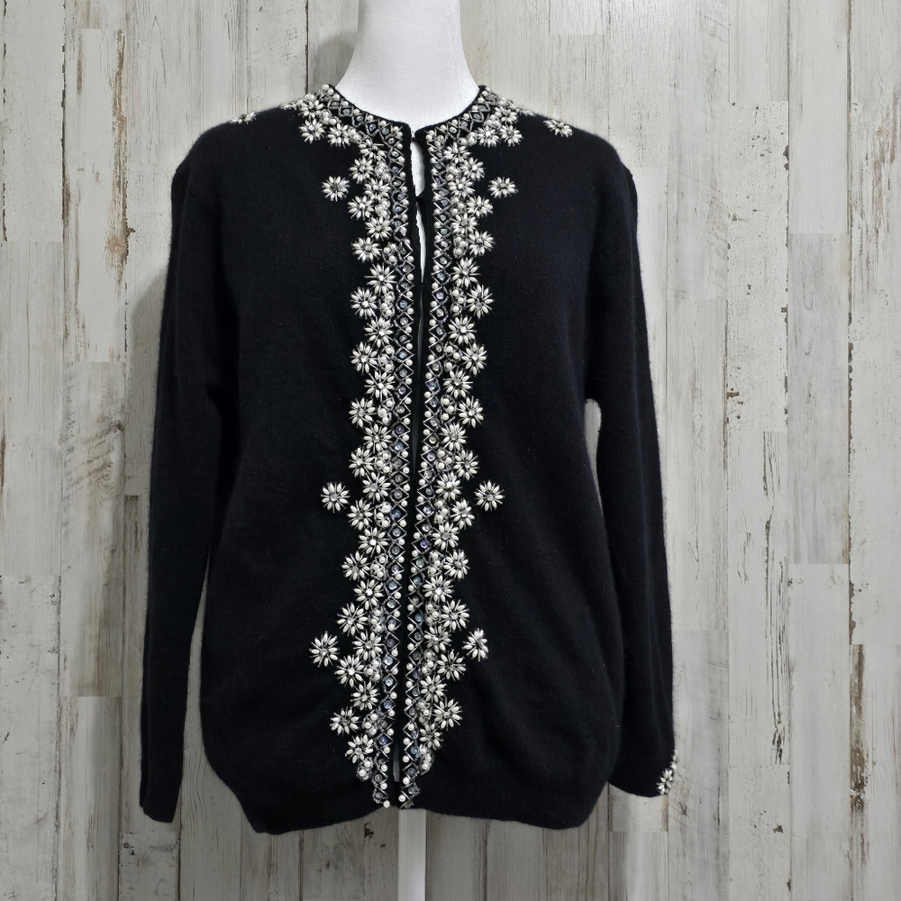 Vintage Elegant Imports Black Lambswool Angora Long Sleeve Hand Beaded Cardigan